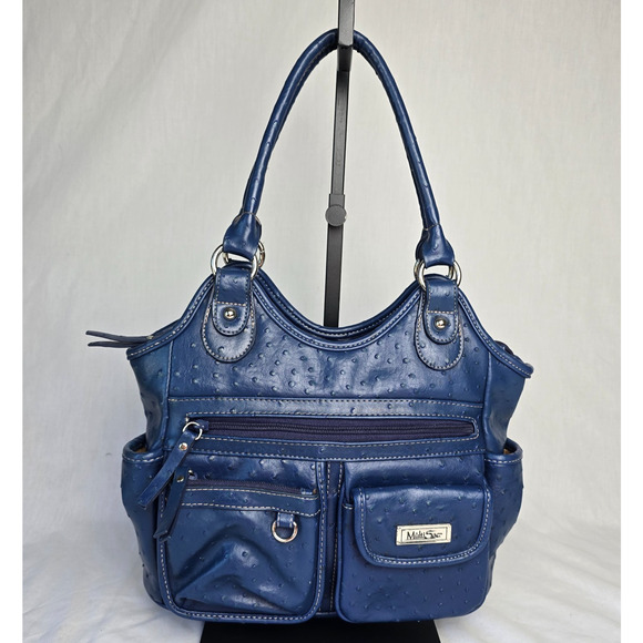 Multisac Hobo Bag Tote Faux Leather Vinyl Blue Dots 12" x 5" x 12" - Picture 1 of 15